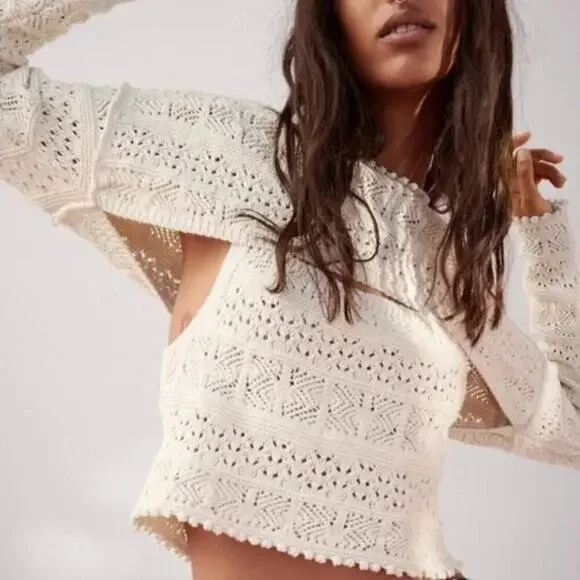 Zara Ivory Open Knit Crop Sweater W. Long Sleeves Size M - Picture 1 of 7